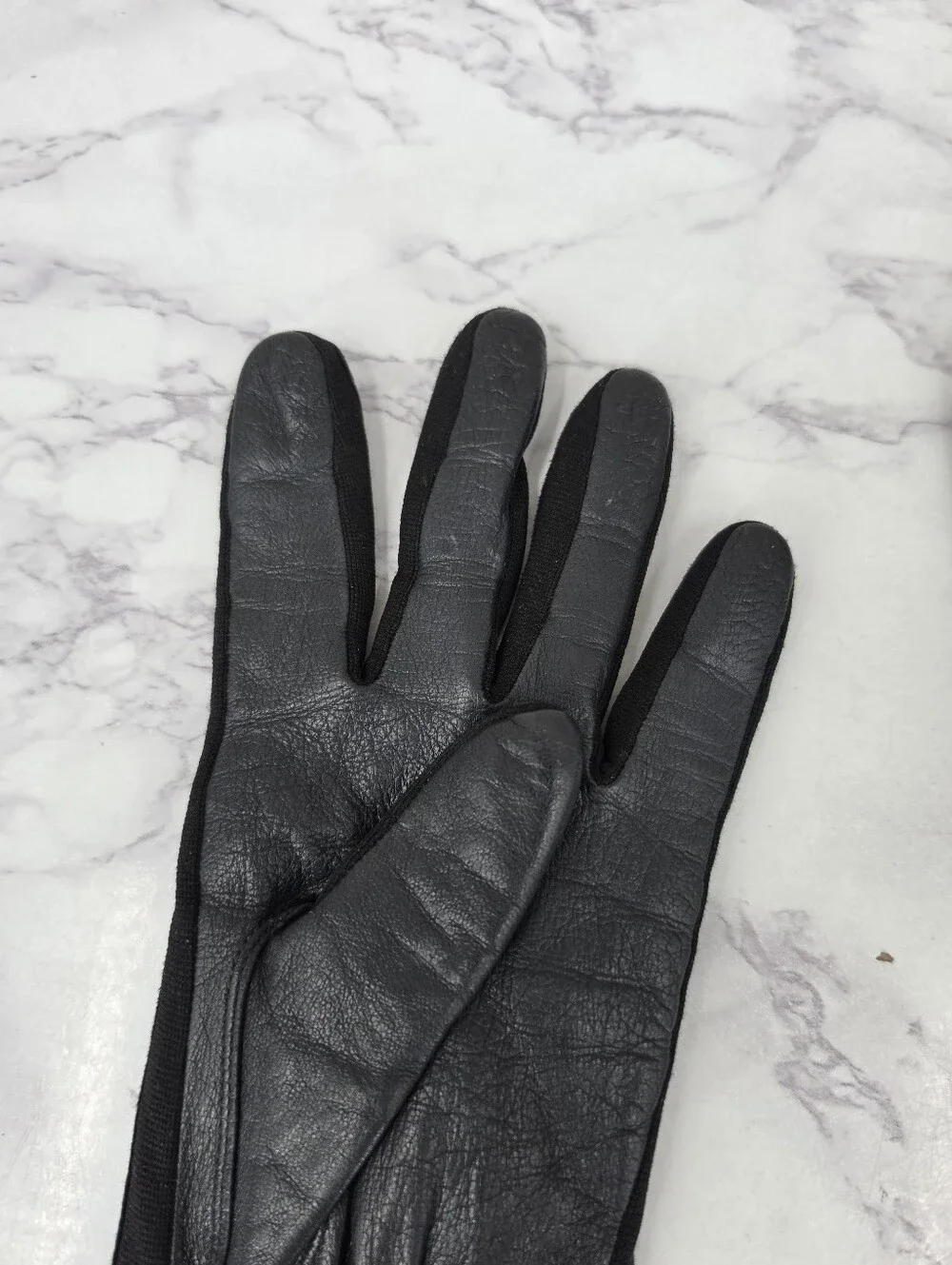 Fownes Long Black Leather Gloves with Nylin Stretch Contrast Dress Oprea